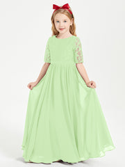 Long Junior Bridesmaid Gown Lace Top Half Sleeves Sage