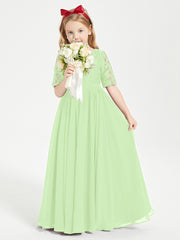 Long Junior Bridesmaid Gown Lace Top Half Sleeves Sage