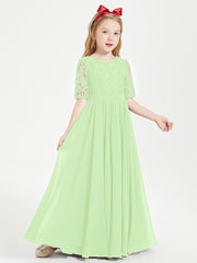 Long Junior Bridesmaid Gown Lace Top Half Sleeves Sage