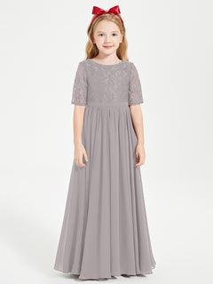 Long Junior Bridesmaid Gown Lace Top Half Sleeves Silver