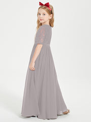 Long Junior Bridesmaid Gown Lace Top Half Sleeves Silver