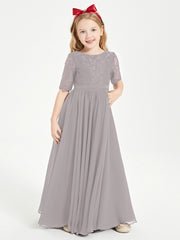 Long Junior Bridesmaid Gown Lace Top Half Sleeves Silver