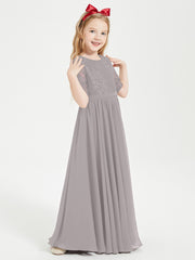 Long Junior Bridesmaid Gown Lace Top Half Sleeves Silver