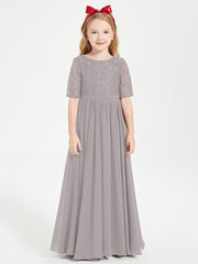 Long Junior Bridesmaid Gown Lace Top Half Sleeves Silver
