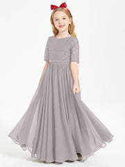 Long Junior Bridesmaid Gown Lace Top Half Sleeves Silver