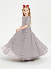 Long Junior Bridesmaid Gown Lace Top Half Sleeves Silver