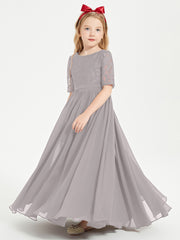 Long Junior Bridesmaid Gown Lace Top Half Sleeves Silver