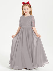 Long Junior Bridesmaid Gown Lace Top Half Sleeves Silver