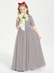 Long Junior Bridesmaid Gown Lace Top Half Sleeves Silver