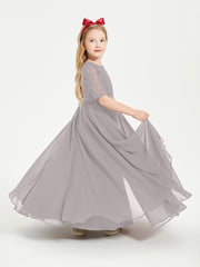 Long Junior Bridesmaid Gown Lace Top Half Sleeves Silver