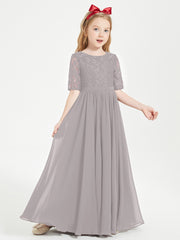 Long Junior Bridesmaid Gown Lace Top Half Sleeves Silver