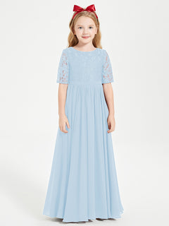 Long Junior Bridesmaid Gown Lace Top Half Sleeves Sky Blue