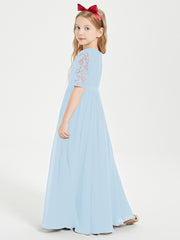 Long Junior Bridesmaid Gown Lace Top Half Sleeves Sky Blue