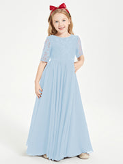 Long Junior Bridesmaid Gown Lace Top Half Sleeves Sky Blue