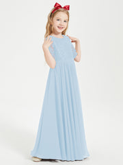 Long Junior Bridesmaid Gown Lace Top Half Sleeves Sky Blue