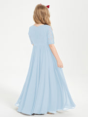 Long Junior Bridesmaid Gown Lace Top Half Sleeves Sky Blue