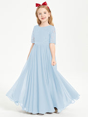 Long Junior Bridesmaid Gown Lace Top Half Sleeves Sky Blue