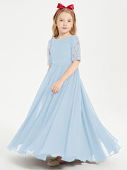 Long Junior Bridesmaid Gown Lace Top Half Sleeves Sky Blue