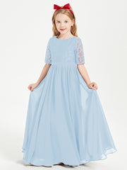 Long Junior Bridesmaid Gown Lace Top Half Sleeves Sky Blue
