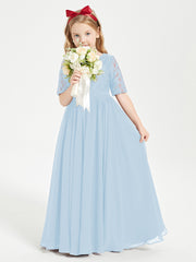 Long Junior Bridesmaid Gown Lace Top Half Sleeves Sky Blue