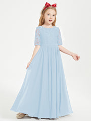 Long Junior Bridesmaid Gown Lace Top Half Sleeves Sky Blue