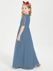 Long Junior Bridesmaid Gown Lace Top Half Sleeves Slate Blue