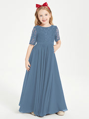 Long Junior Bridesmaid Gown Lace Top Half Sleeves Slate Blue