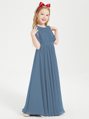Long Junior Bridesmaid Gown Lace Top Half Sleeves Slate Blue