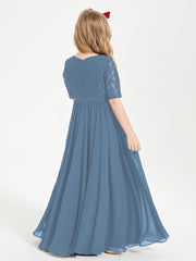 Long Junior Bridesmaid Gown Lace Top Half Sleeves Slate Blue