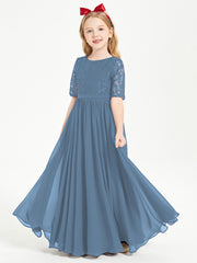 Long Junior Bridesmaid Gown Lace Top Half Sleeves Slate Blue