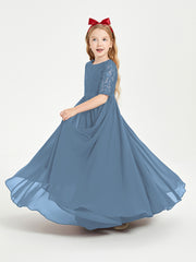 Long Junior Bridesmaid Gown Lace Top Half Sleeves Slate Blue