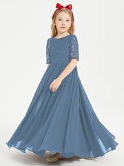 Long Junior Bridesmaid Gown Lace Top Half Sleeves Slate Blue