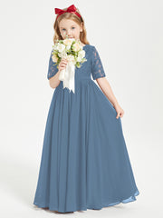 Long Junior Bridesmaid Gown Lace Top Half Sleeves Slate Blue