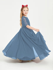Long Junior Bridesmaid Gown Lace Top Half Sleeves Slate Blue