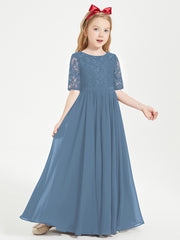 Long Junior Bridesmaid Gown Lace Top Half Sleeves Slate Blue