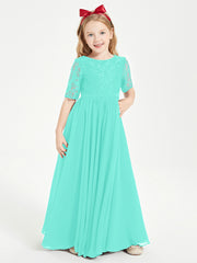 Long Junior Bridesmaid Gown Lace Top Half Sleeves Spa