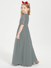 Long Junior Bridesmaid Gown Lace Top Half Sleeves Steel Grey