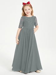 Long Junior Bridesmaid Gown Lace Top Half Sleeves Steel Grey
