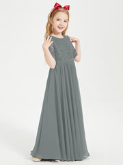 Long Junior Bridesmaid Gown Lace Top Half Sleeves Steel Grey