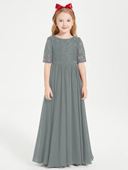 Long Junior Bridesmaid Gown Lace Top Half Sleeves Steel Grey