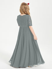 Long Junior Bridesmaid Gown Lace Top Half Sleeves Steel Grey