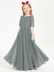 Long Junior Bridesmaid Gown Lace Top Half Sleeves Steel Grey