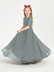 Long Junior Bridesmaid Gown Lace Top Half Sleeves Steel Grey