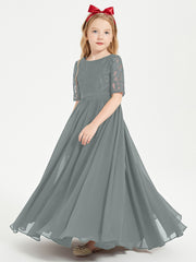 Long Junior Bridesmaid Gown Lace Top Half Sleeves Steel Grey