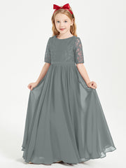 Long Junior Bridesmaid Gown Lace Top Half Sleeves Steel Grey