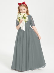 Long Junior Bridesmaid Gown Lace Top Half Sleeves Steel Grey