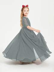Long Junior Bridesmaid Gown Lace Top Half Sleeves Steel Grey