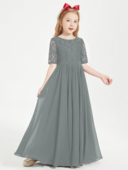 Long Junior Bridesmaid Gown Lace Top Half Sleeves Steel Grey