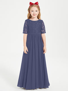 Long Junior Bridesmaid Gown Lace Top Half Sleeves Stormy