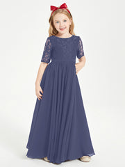 Long Junior Bridesmaid Gown Lace Top Half Sleeves Stormy